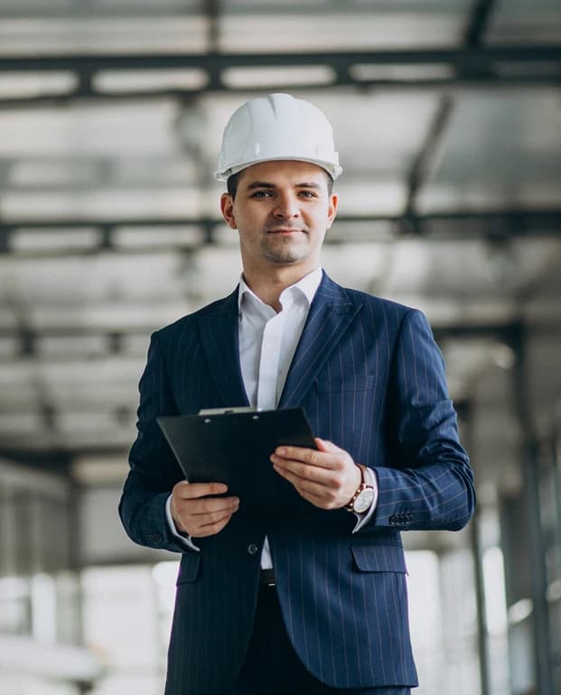 Professional in hard hat and suit with clipboard