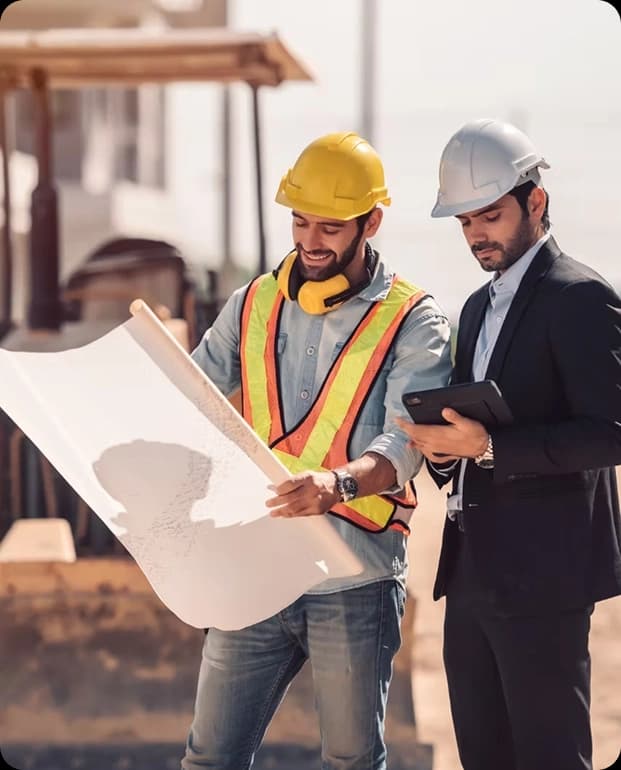 Professional in hard hat and suit with clipboard
